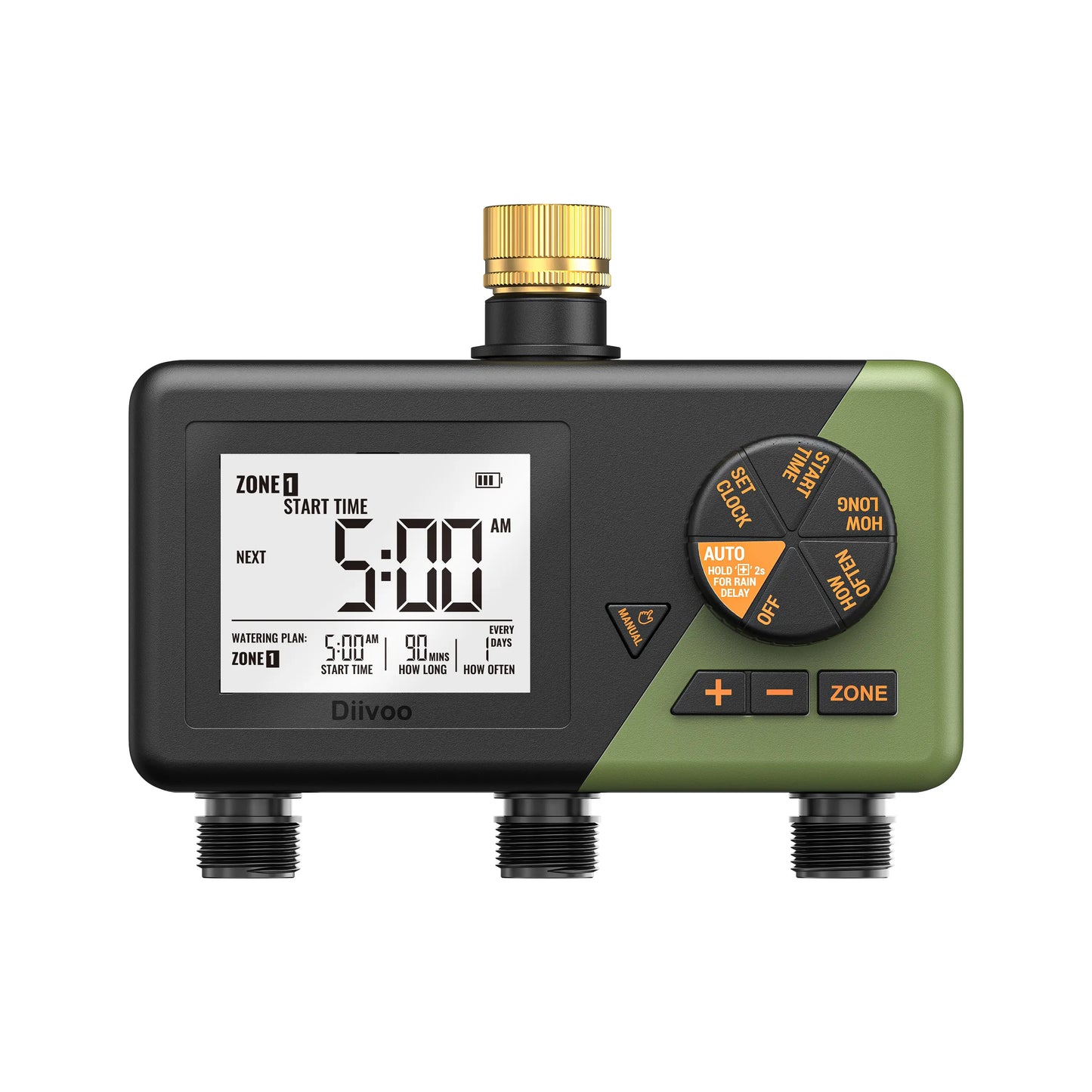 Diivoo Brass Sprinkler Timer 2 Zone, IP67 Waterproof Programmable Water Hose Timer 2 Outlet with Large Display, Rain Delay & Manual Watering for Outdoor Automatic Irrigation of Garden, Lawn, Yard