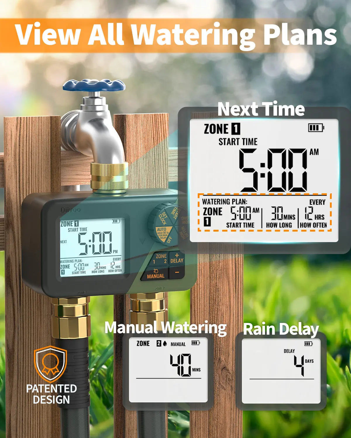 Diivoo Brass Sprinkler Timer 2 Zone, IP67 Waterproof Programmable Water Hose Timer 2 Outlet with Large Display, Rain Delay & Manual Watering for Outdoor Automatic Irrigation of Garden, Lawn, Yard