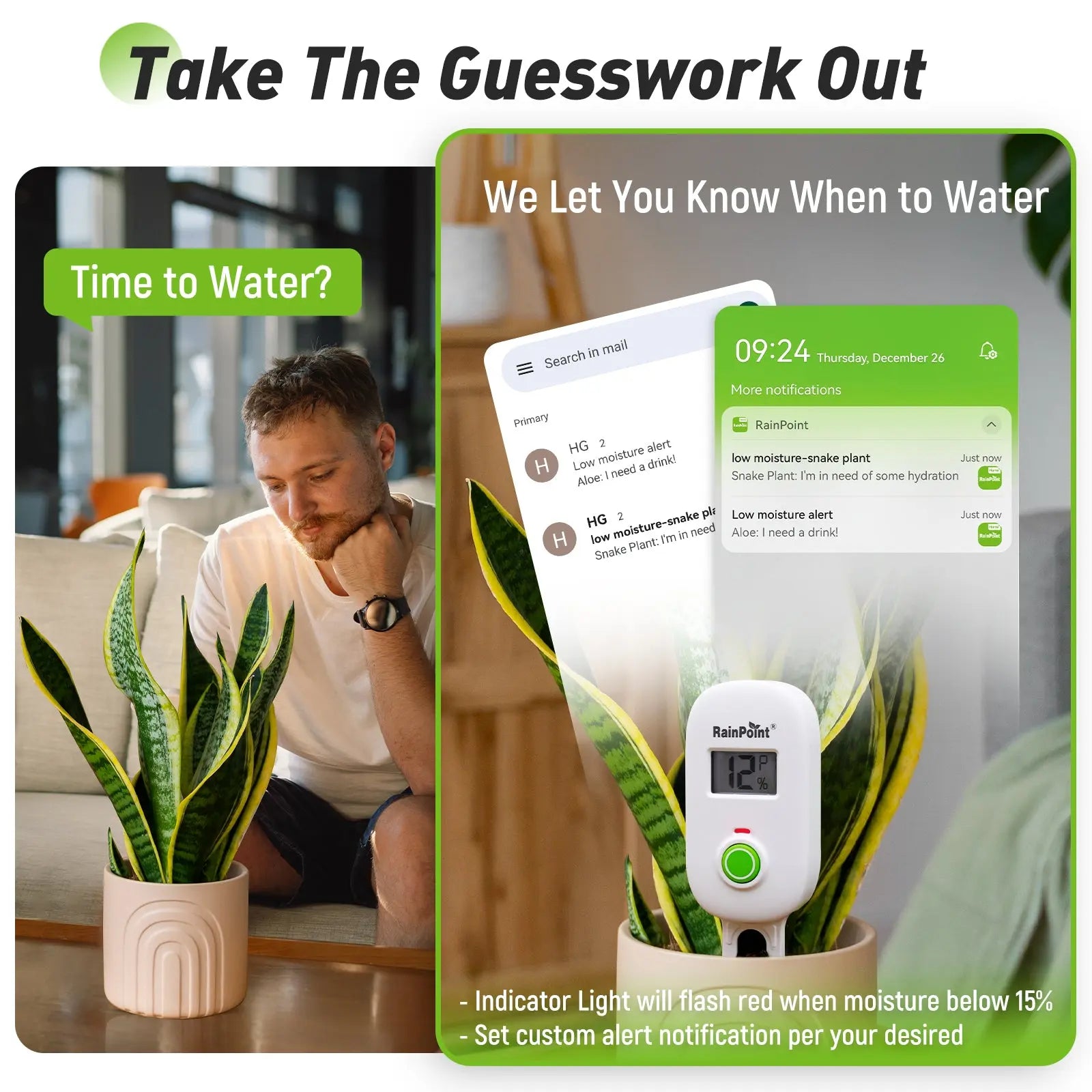 RAINPOINT Smart Digital Wireless Plant Moisture Meter Houseplant Indoor, Leave-In Soil Hygrometer Sensor, Real-Time Monitor Humidity