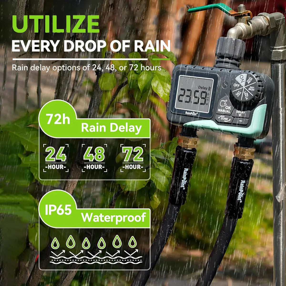 Rainpoint Smart Programmable Digital Hose Watering Timer for Outdoor Garden Irrigation with Rain Delay, Manual, and Auto Drip Features