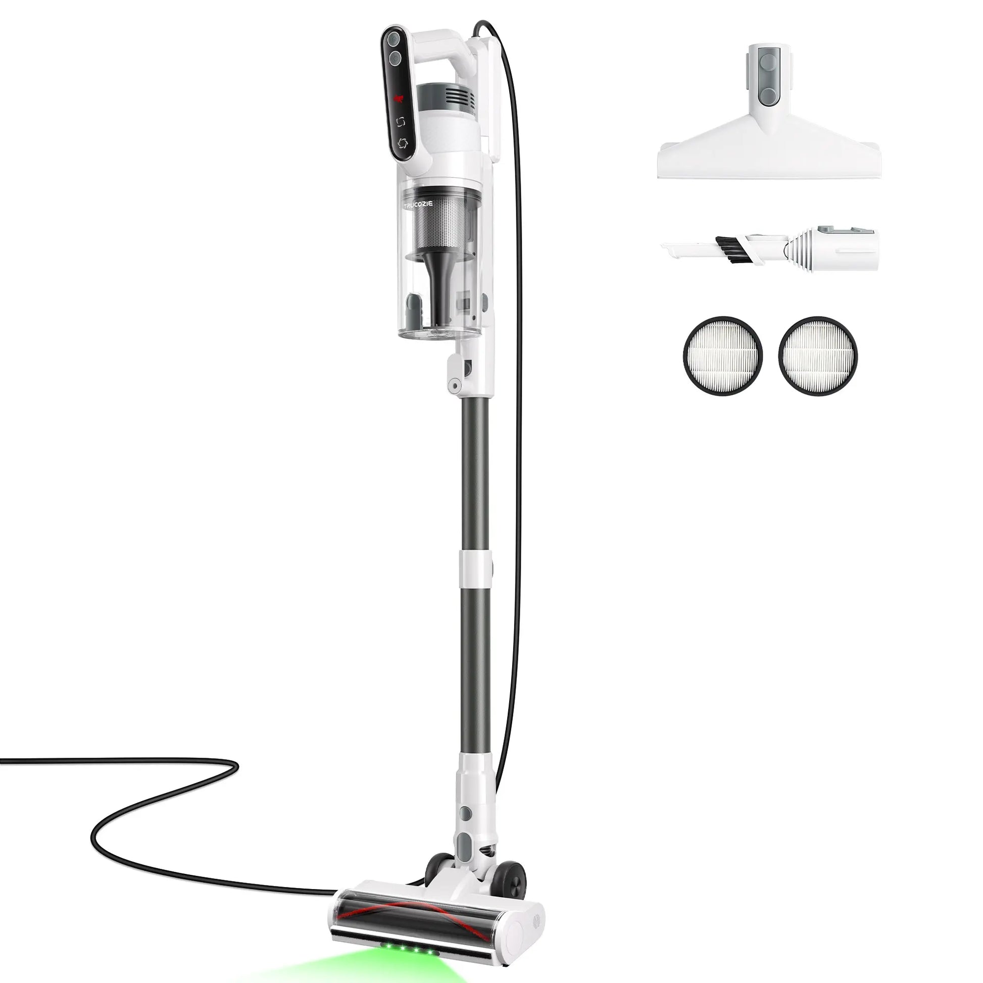 Trucozie T558 Corded Upright Vacuum Cleaner, Featuring an LED Headlight and an Extra-Large Dust Cup. Lightweight and Portable, It Perfectly Removes Pet Hair.