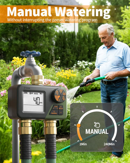 Diivoo Brass Sprinkler Timer 2 Zone, IP67 Waterproof Programmable Water Hose Timer 2 Outlet with Large Display, Rain Delay & Manual Watering for Outdoor Automatic Irrigation of Garden, Lawn, Yard