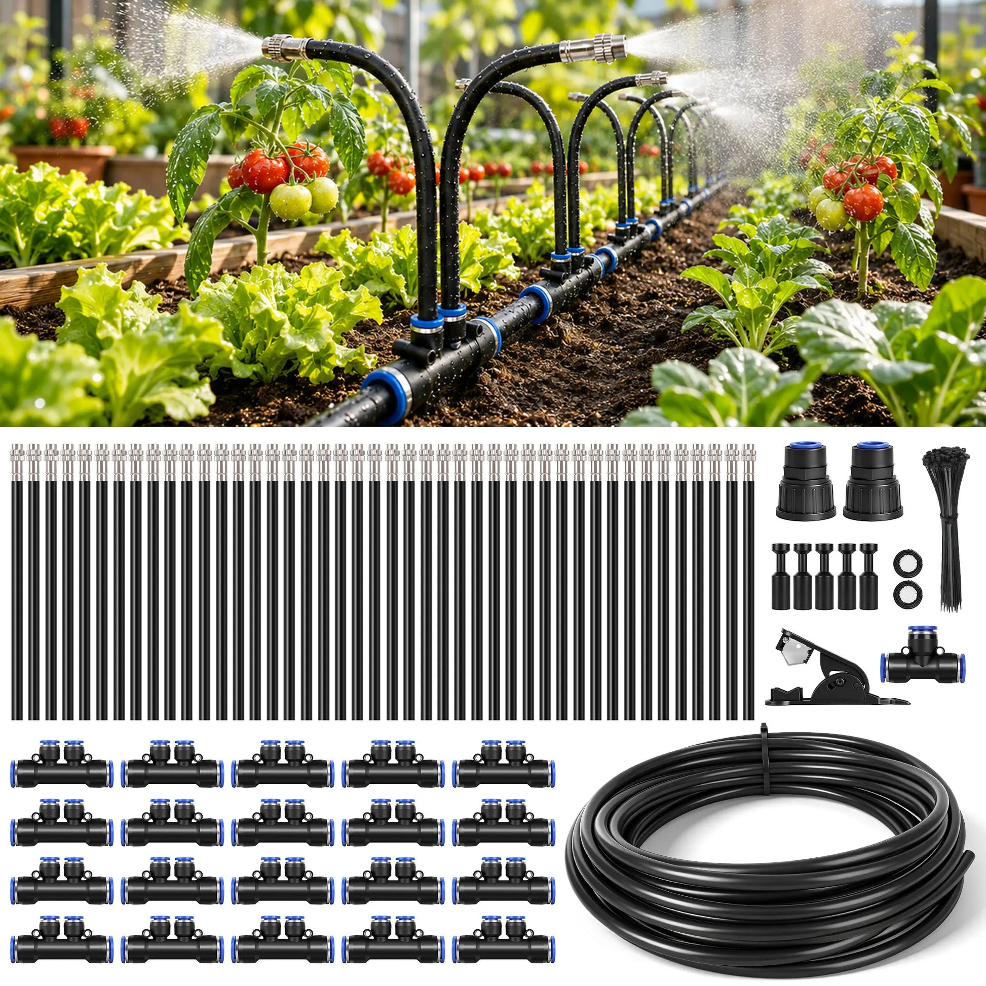 50FT/75FT/100FT Dual Spray Head Drip Irrigation System | 30 Adjustable Copper Nozzles | 12Mm Large Flow Automatic Watering Kit for Garden, Lawn, Greenhouse, Yard & Potted Plants,,Summervibes