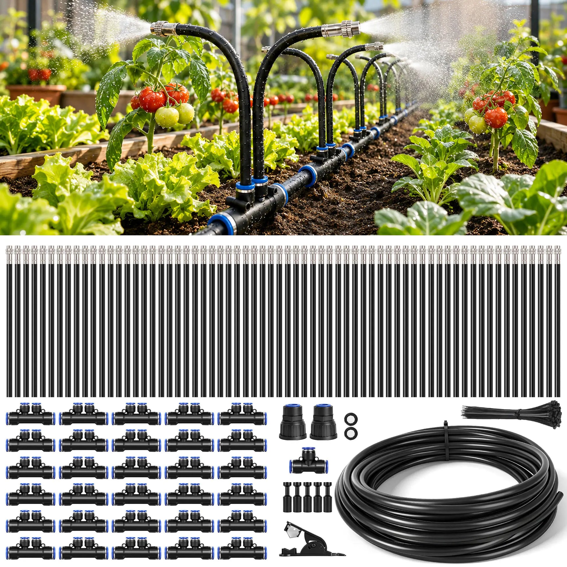 50FT/75FT/100FT Dual Spray Head Drip Irrigation System | 30 Adjustable Copper Nozzles | 12Mm Large Flow Automatic Watering Kit for Garden, Lawn, Greenhouse, Yard & Potted Plants,,Summervibes