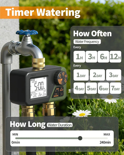 Diivoo Brass Sprinkler Timer 2 Zone, IP67 Waterproof Programmable Water Hose Timer 2 Outlet with Large Display, Rain Delay & Manual Watering for Outdoor Automatic Irrigation of Garden, Lawn, Yard