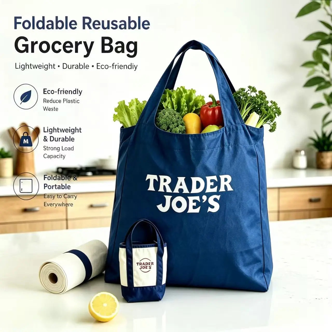 3Pcs-1Pc-Foldable Reusable Grocery Bag with Mini Tote Organizer Pouch, Lightweight Shopping Bag for Women, Portable Eco Tote with Small Canvas Insert for Travel, Storage and Daily Use
