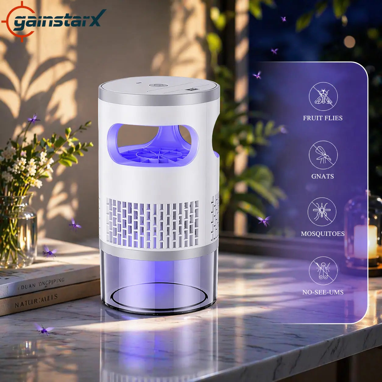 Gainstarx Indoor Insect Trap with Bait Included Light and Suction Non Zapper Flying Bug Catcher for Mosquitoes Fruit Flies Gnats and Moths Home Use