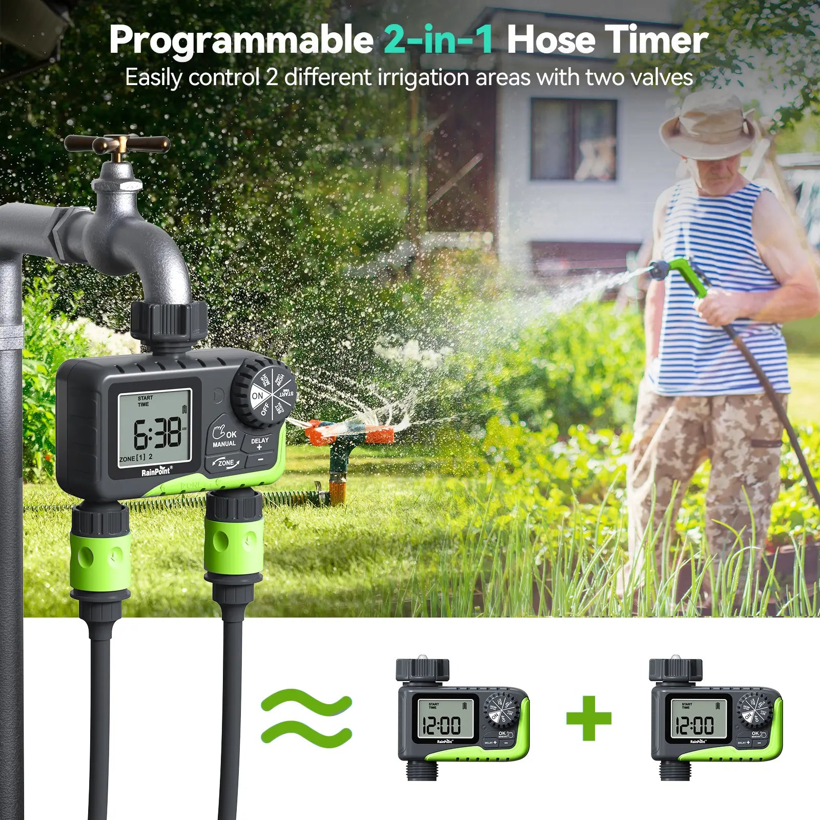 Rainpoint Smart Programmable Digital Hose Watering Timer for Outdoor Garden Irrigation with Rain Delay, Manual, and Auto Drip Features