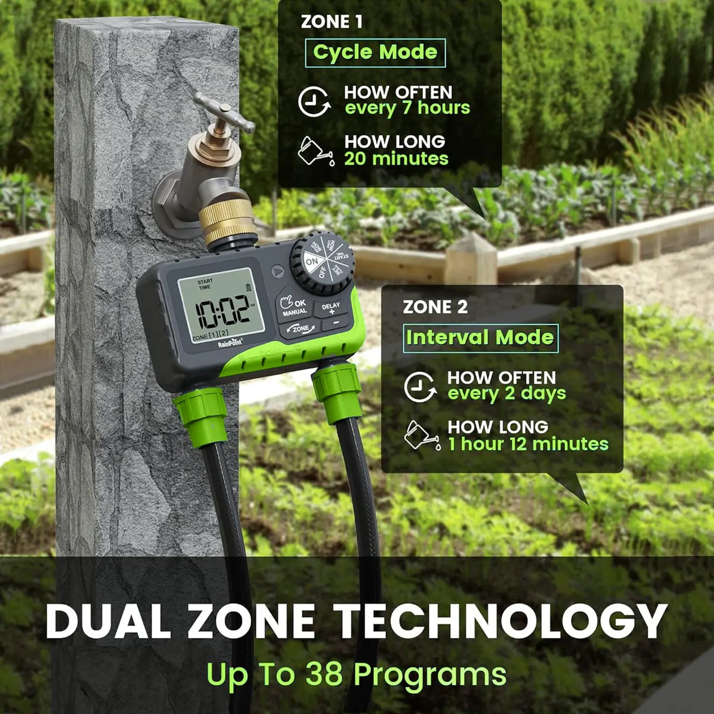 Rainpoint Smart Programmable Digital Hose Watering Timer for Outdoor Garden Irrigation with Rain Delay, Manual, and Auto Drip Features