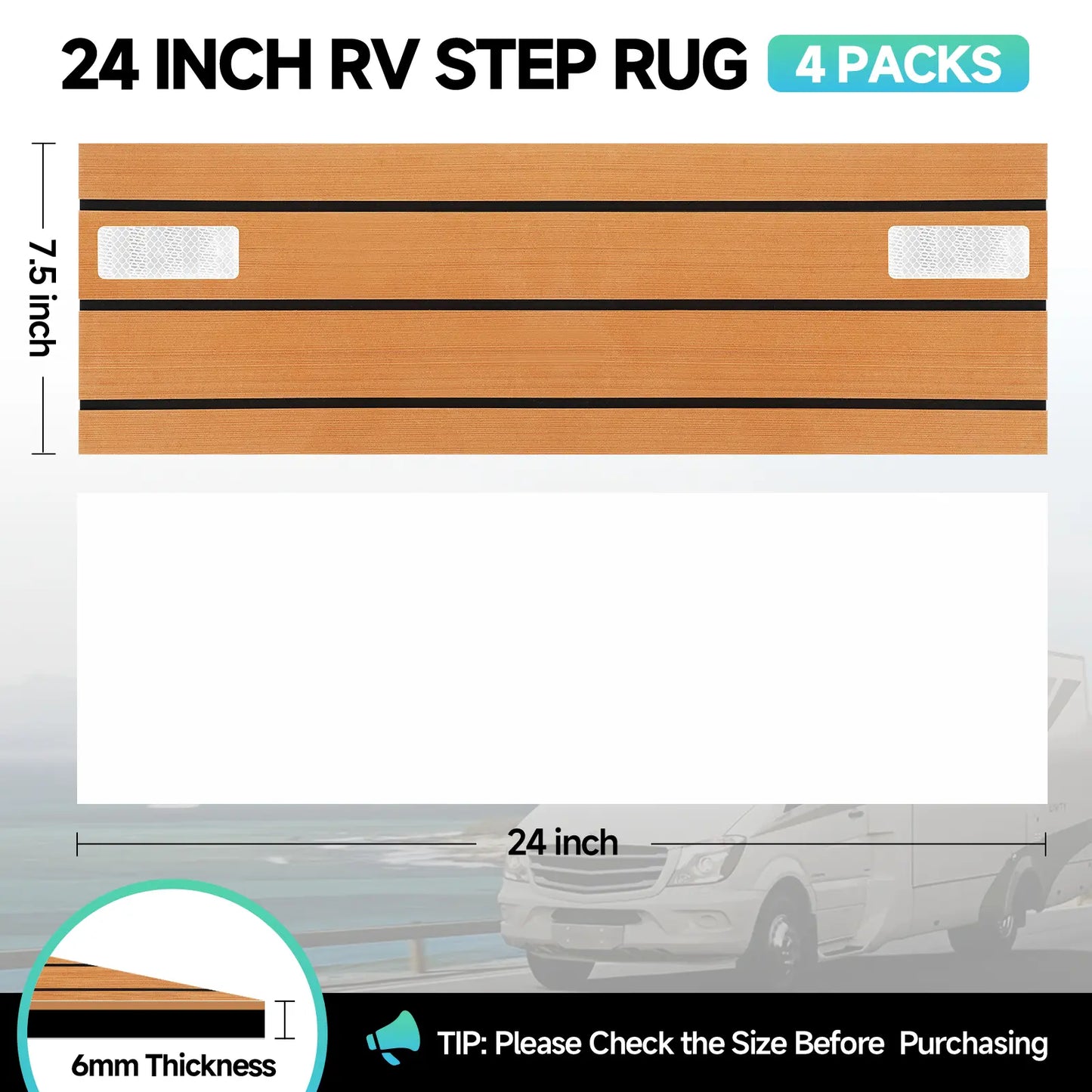 RV Step Covers 4 Pack – Slip Resistant EVA Foam Camper Step Covers, Customizable RV Stair Rug Deck for Trailer, Easy Installation, Anti-Slip& Durable RV Step Carpet – Teak-Rffect, 24 X 7.5 Inch