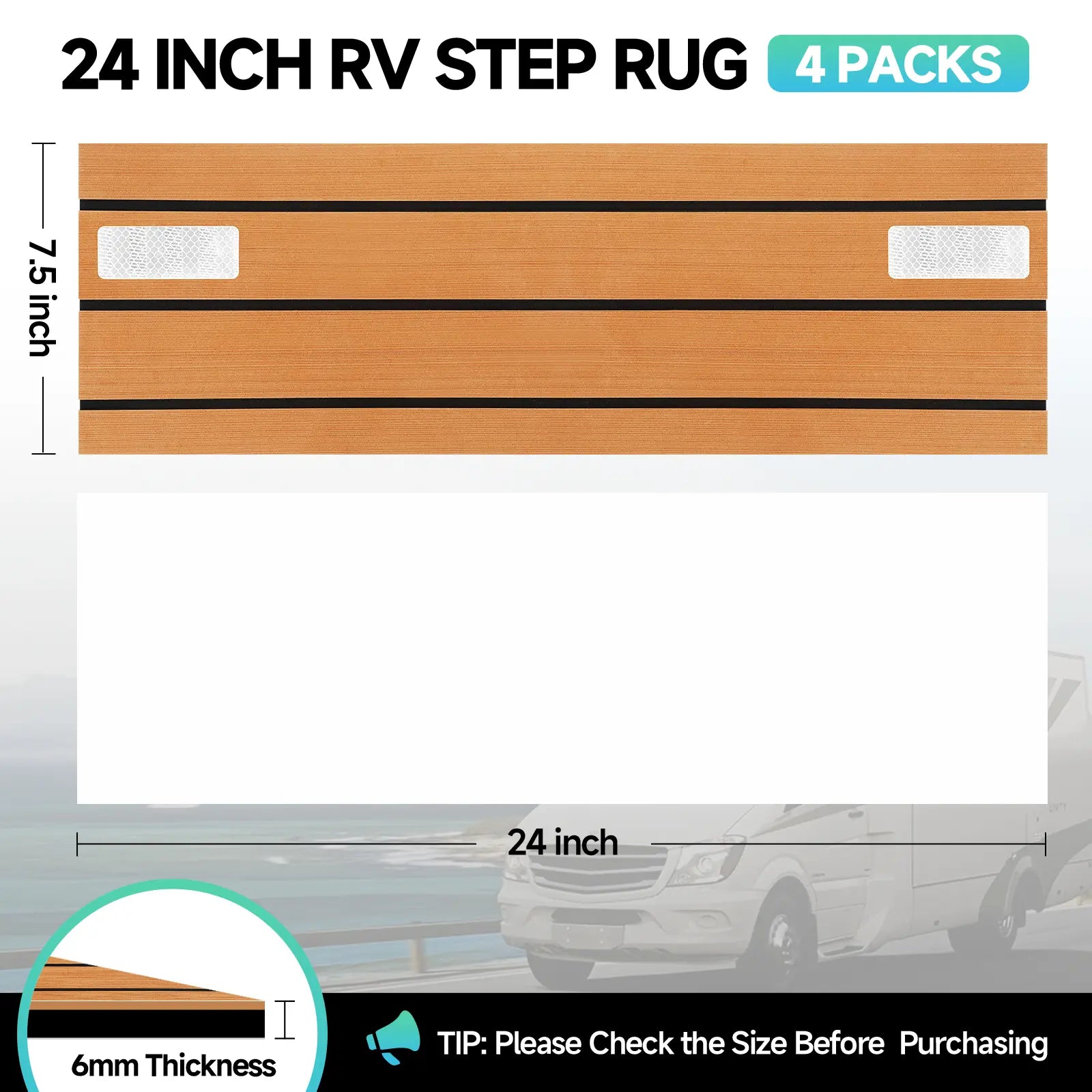 RV Step Covers 4 Pack – Slip Resistant EVA Foam Camper Step Covers, Customizable RV Stair Rug Deck for Trailer, Easy Installation, Anti-Slip& Durable RV Step Carpet – Teak-Rffect, 24 X 7.5 Inch
