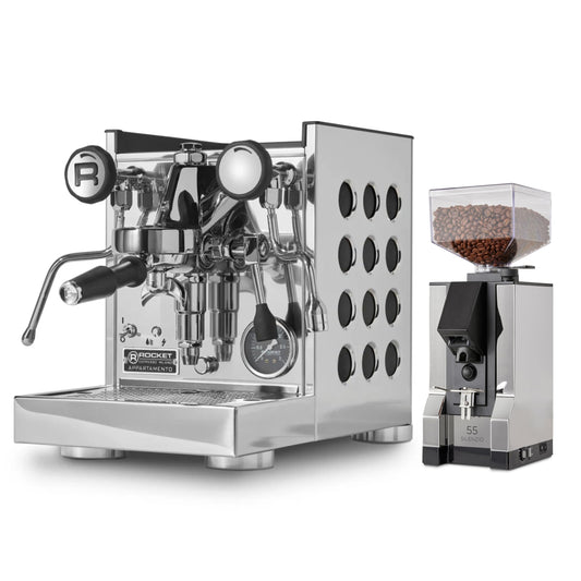 Rocket Espresso Appartamento TCA Espresso Machine and Eureka Mignon Silenzio 55 Grinder Bundle (Stainless Steel Copper/Chrome)