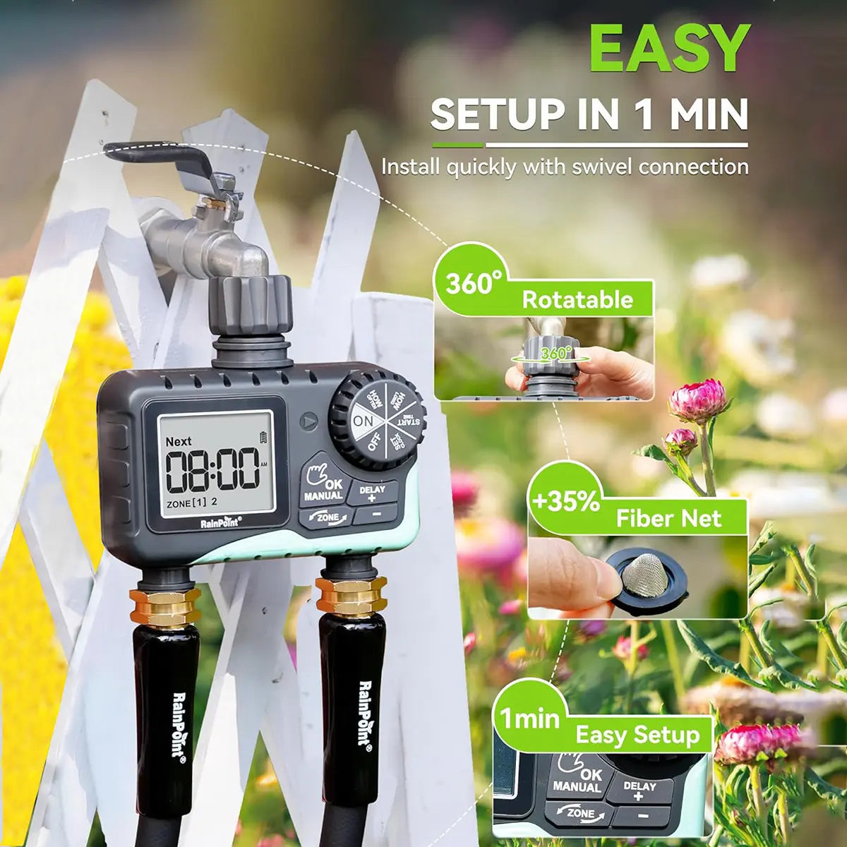 Rainpoint Smart Programmable Digital Hose Watering Timer for Outdoor Garden Irrigation with Rain Delay, Manual, and Auto Drip Features