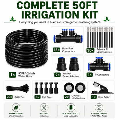 50FT/75FT/100FT Dual Spray Head Drip Irrigation System | 30 Adjustable Copper Nozzles | 12Mm Large Flow Automatic Watering Kit for Garden, Lawn, Greenhouse, Yard & Potted Plants,,Summervibes