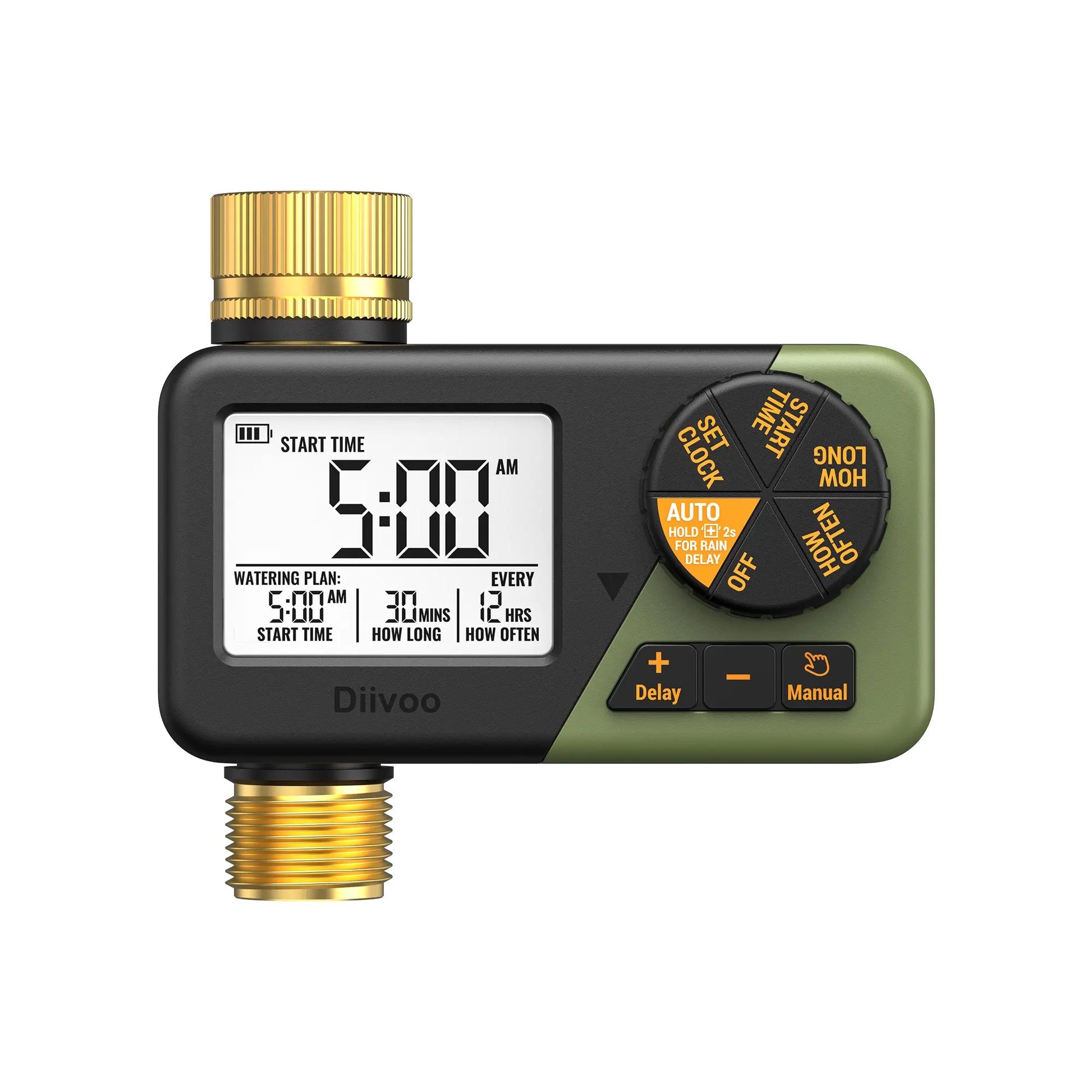 Diivoo Brass Sprinkler Timer 2 Zone, IP67 Waterproof Programmable Water Hose Timer 2 Outlet with Large Display, Rain Delay & Manual Watering for Outdoor Automatic Irrigation of Garden, Lawn, Yard