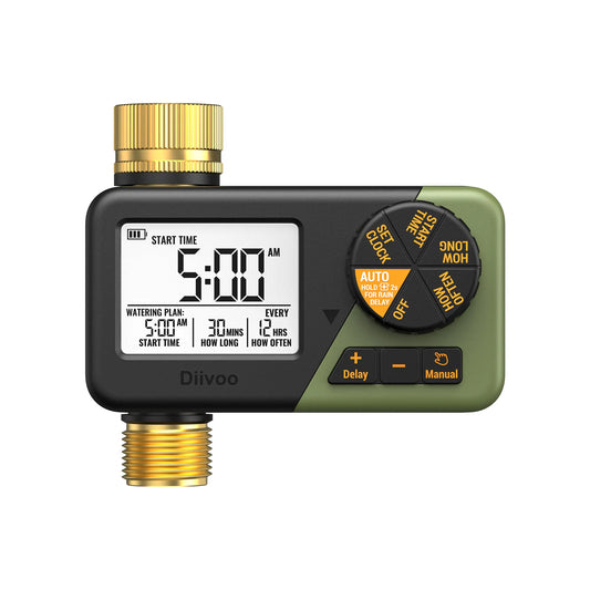 Diivoo Brass Sprinkler Timer 2 Zone, IP67 Waterproof Programmable Water Hose Timer 2 Outlet with Large Display, Rain Delay & Manual Watering for Outdoor Automatic Irrigation of Garden, Lawn, Yard