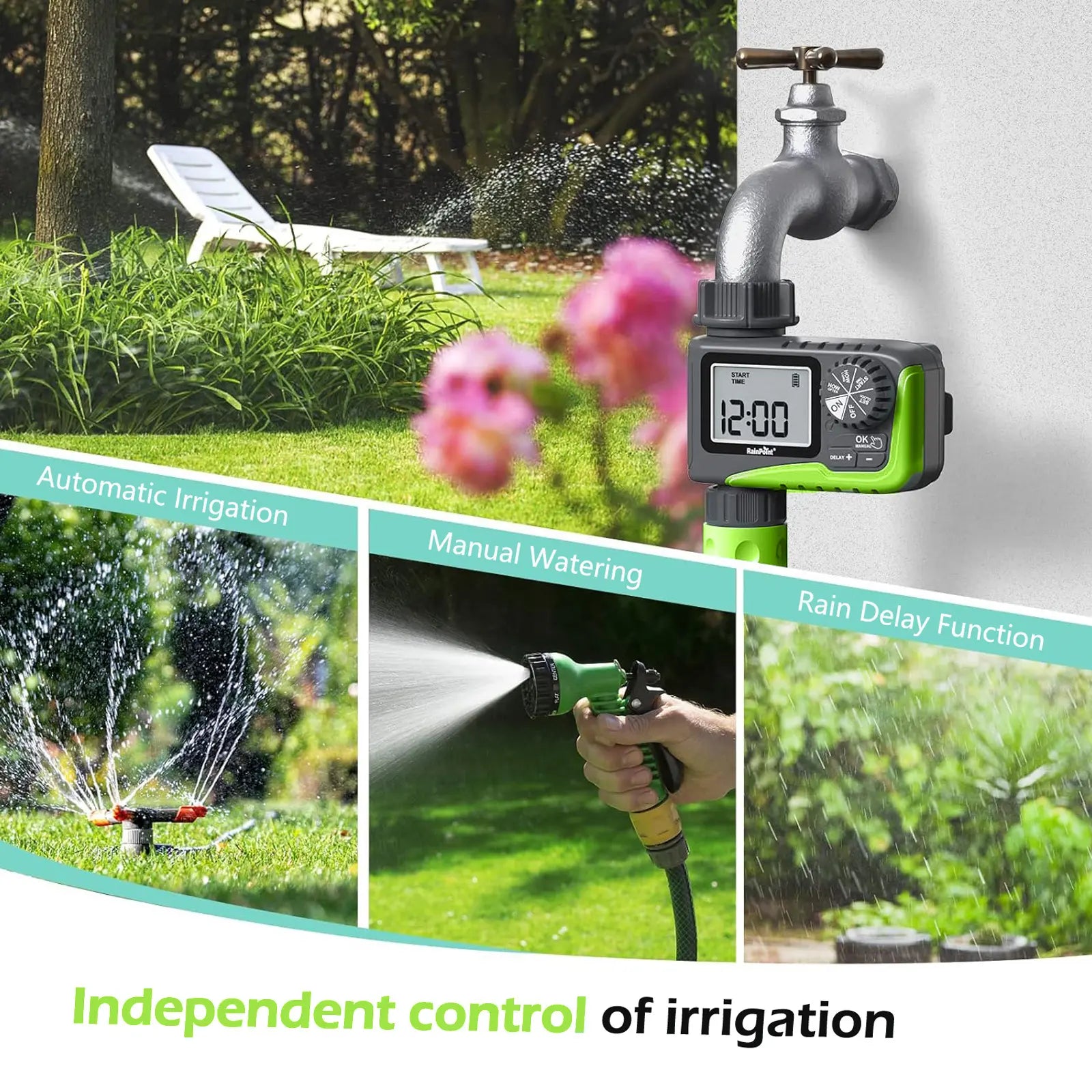 Rainpoint Smart Programmable Digital Hose Watering Timer for Outdoor Garden Irrigation with Rain Delay, Manual, and Auto Drip Features