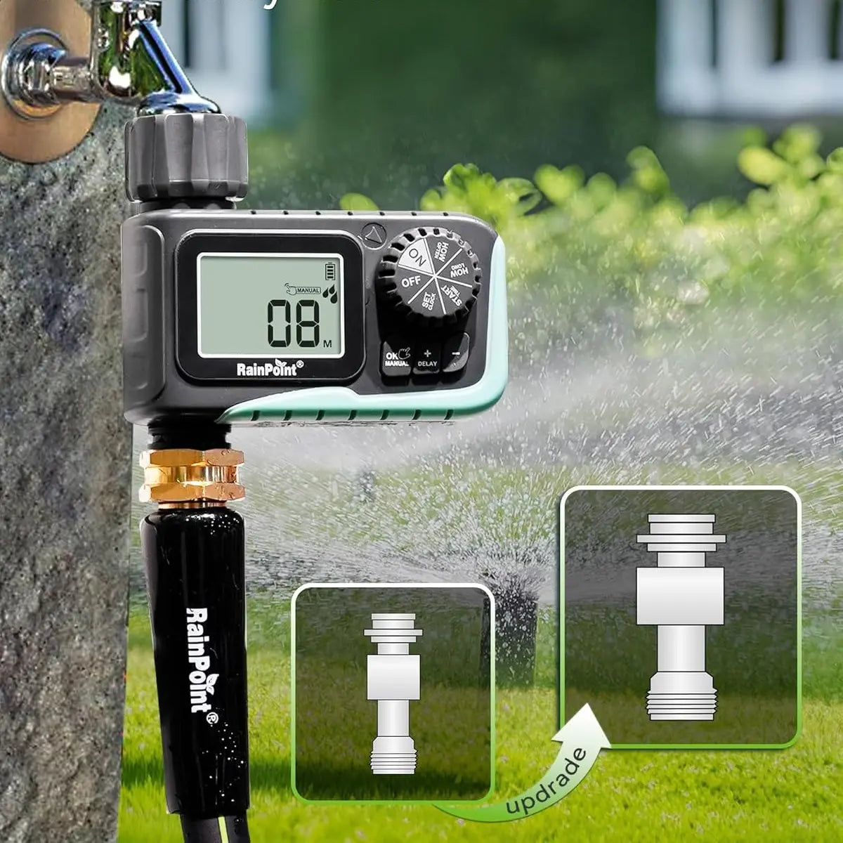 Rainpoint Smart Programmable Digital Hose Watering Timer for Outdoor Garden Irrigation with Rain Delay, Manual, and Auto Drip Features