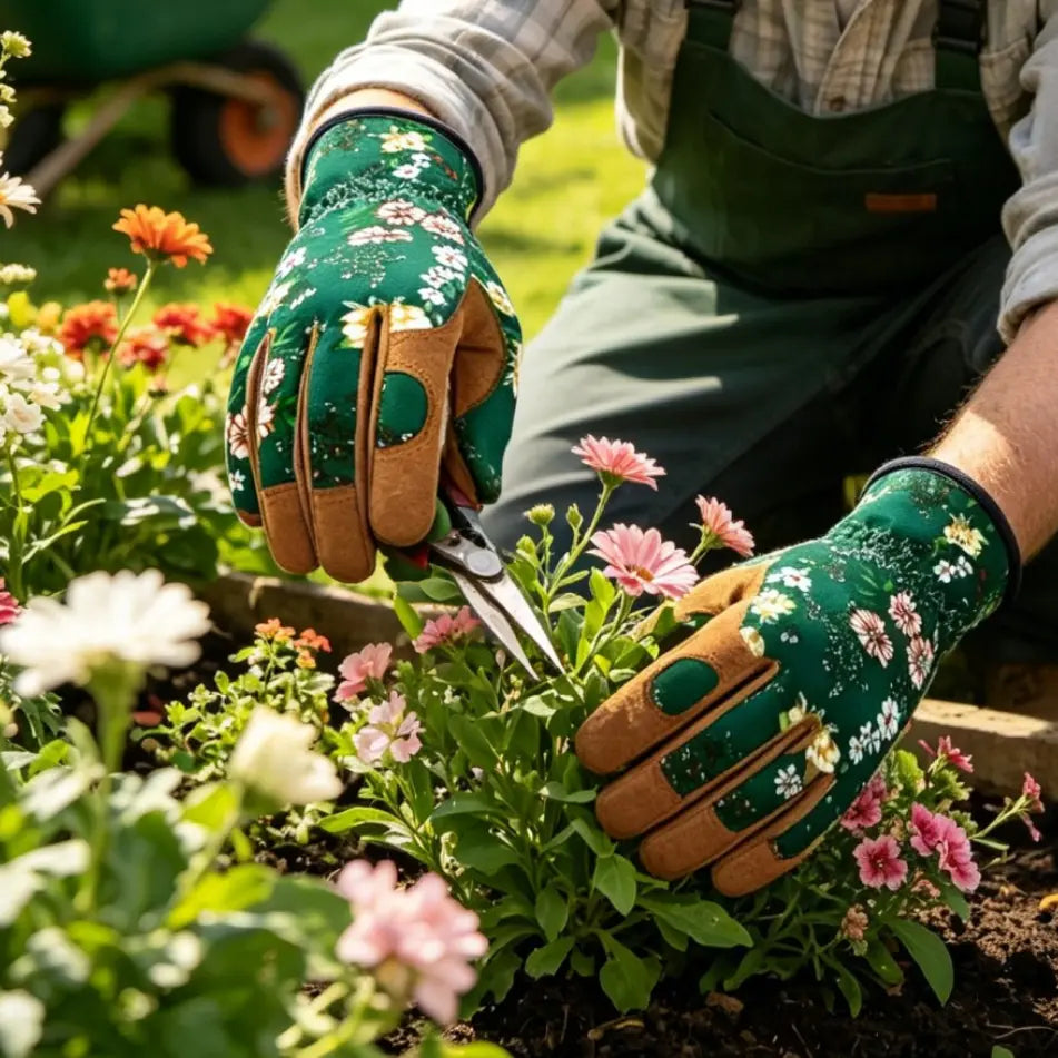 1 Pair Green Floral Gardening Gloves - Comfortable & Durable Gloves for Planting, Yard Care and More