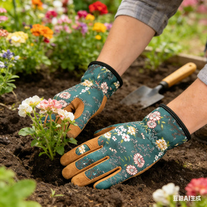 1 Pair Green Floral Gardening Gloves - Comfortable & Durable Gloves for Planting, Yard Care and More