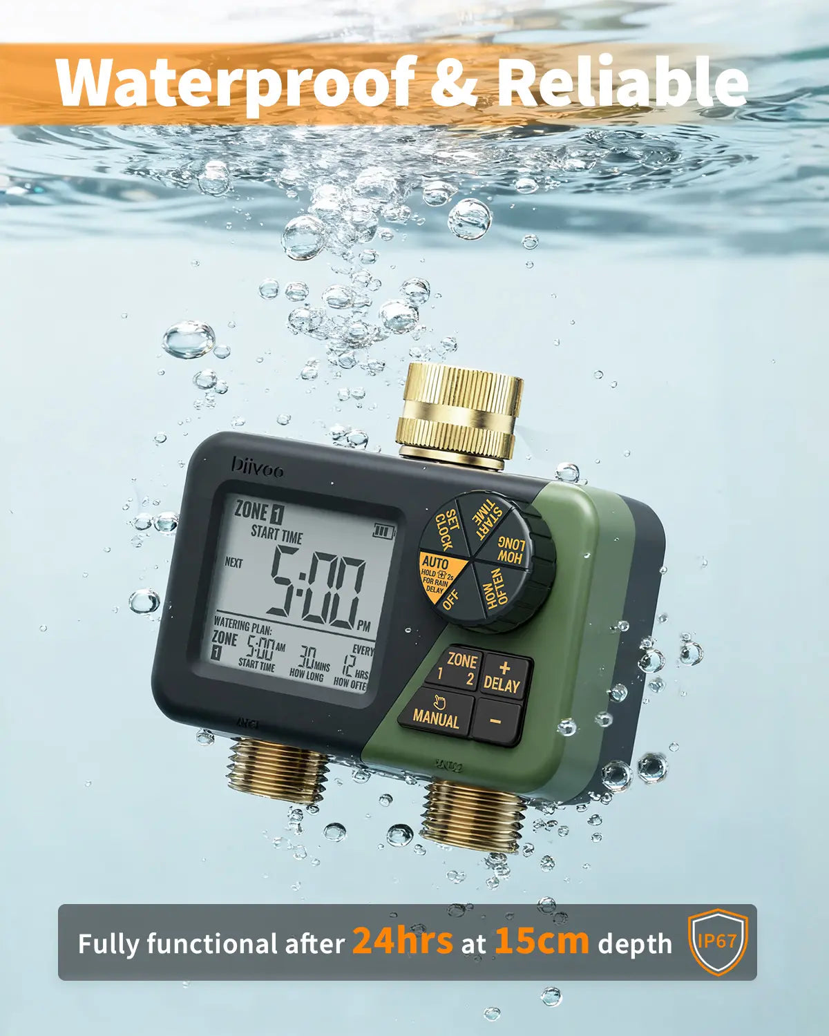 Diivoo Brass Sprinkler Timer 2 Zone, IP67 Waterproof Programmable Water Hose Timer 2 Outlet with Large Display, Rain Delay & Manual Watering for Outdoor Automatic Irrigation of Garden, Lawn, Yard