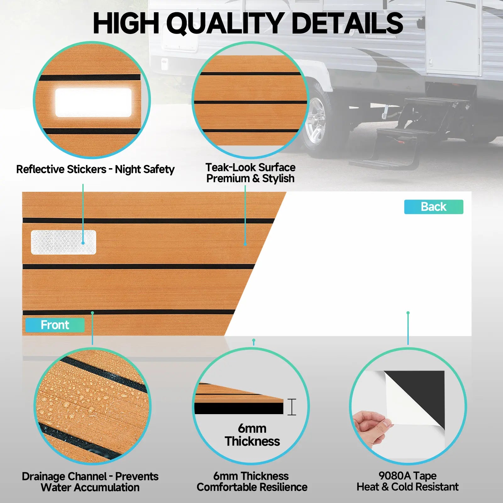RV Step Covers 4 Pack – Slip Resistant EVA Foam Camper Step Covers, Customizable RV Stair Rug Deck for Trailer, Easy Installation, Anti-Slip& Durable RV Step Carpet – Teak-Rffect, 24 X 7.5 Inch